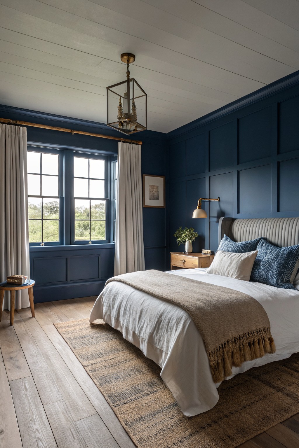 A bedroom featuring deep navy walls with white bedding and wood flooring.