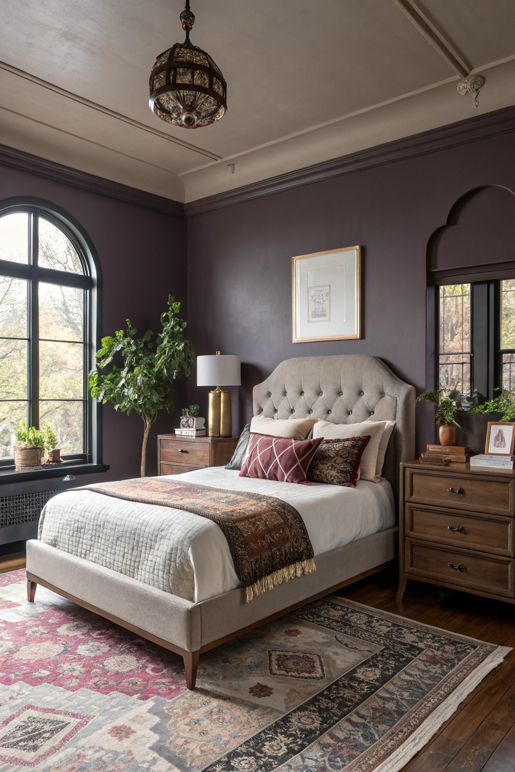 A bedroom with deep purple walls and a large bed.