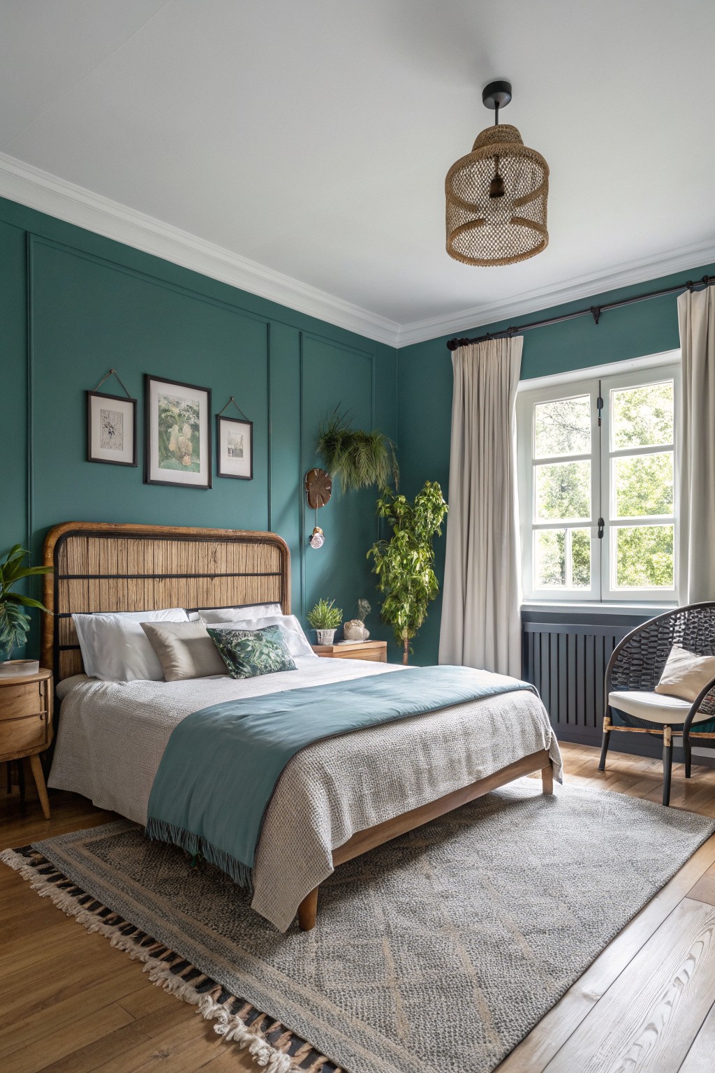 Bedroom with deep teal walls and a wooden bed frame.