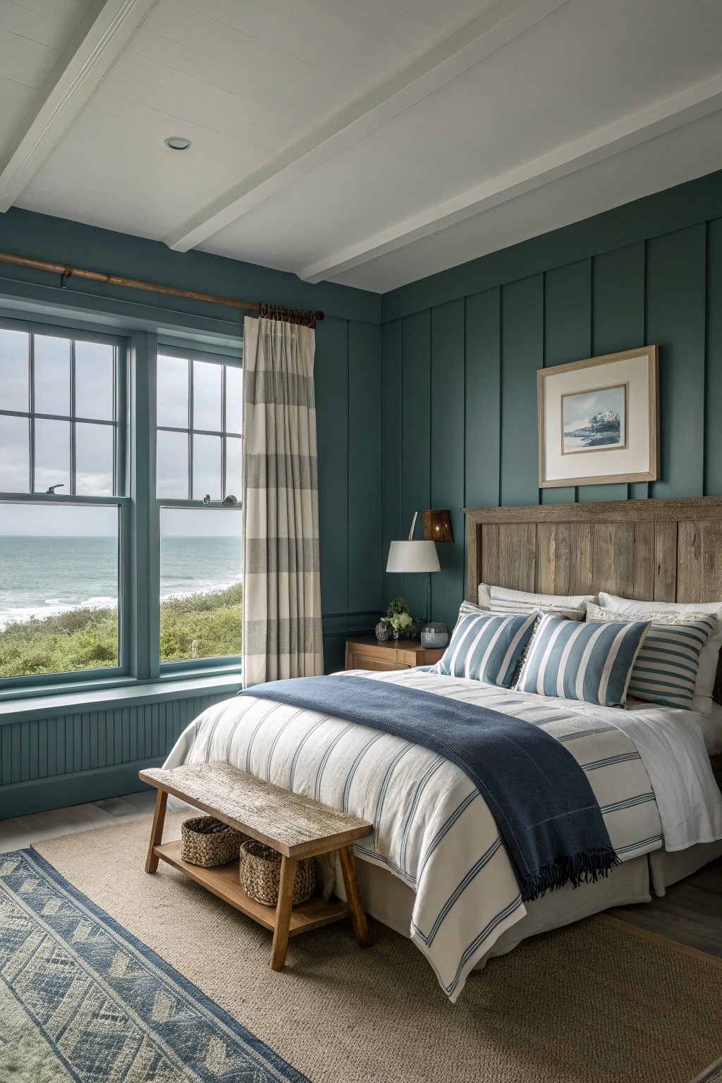 Deep teal green walls in a bedroom with wood furniture and large windows.