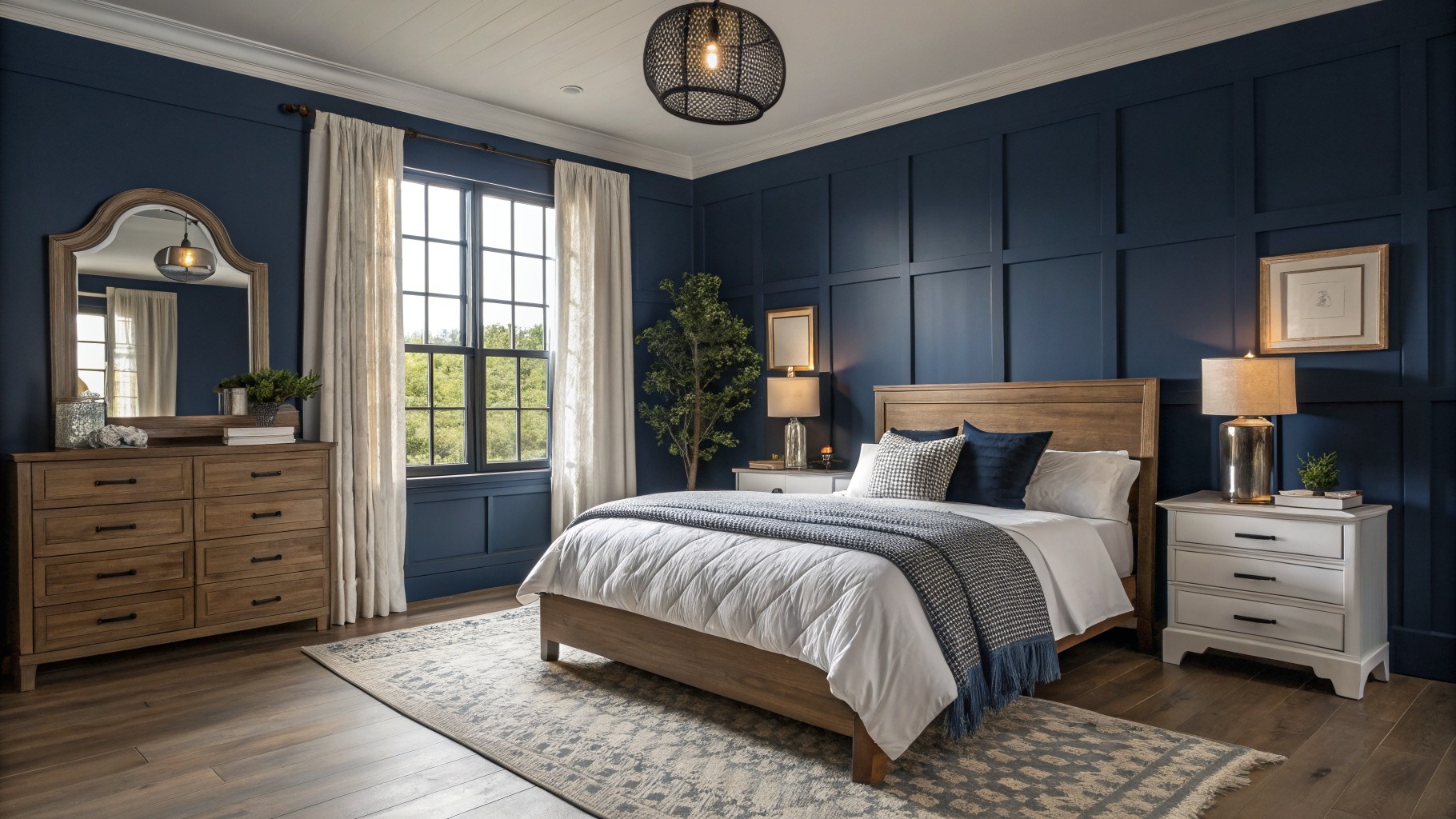 A bedroom featuring deep navy walls with white bedding and wood flooring.