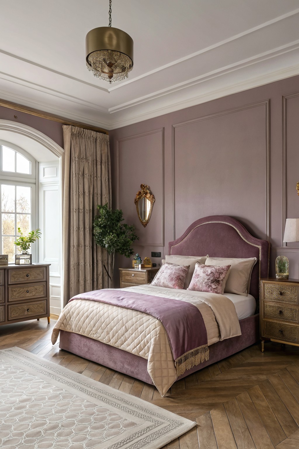 A bedroom featuring muted mauve walls with an upholstered bed and wood flooring.