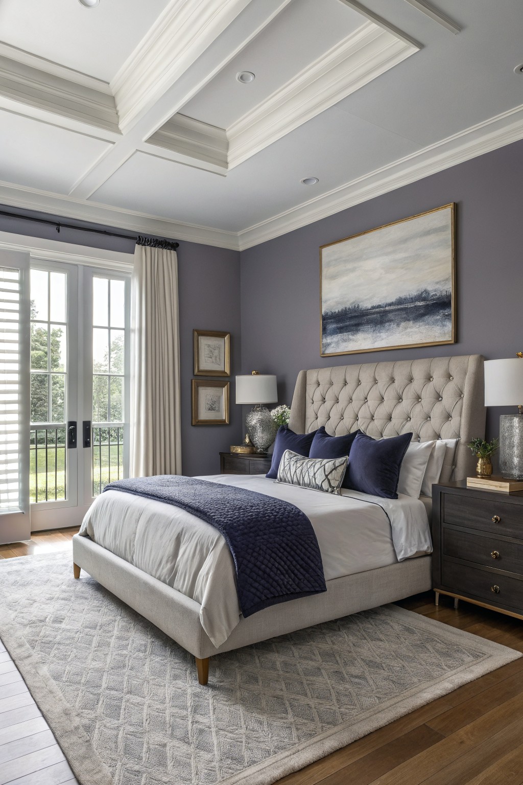 Elegant bedroom with tufted bed, navy bedding, purple walls, and French doors.