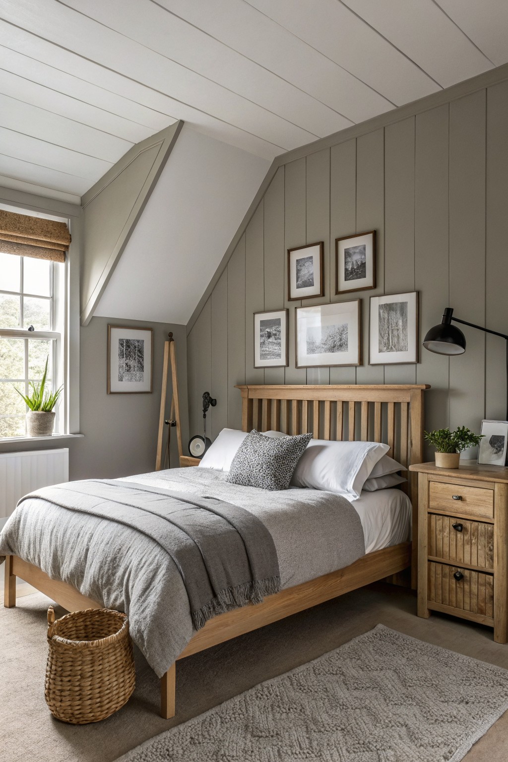 Bedroom walls painted in a soft muted sage gray.