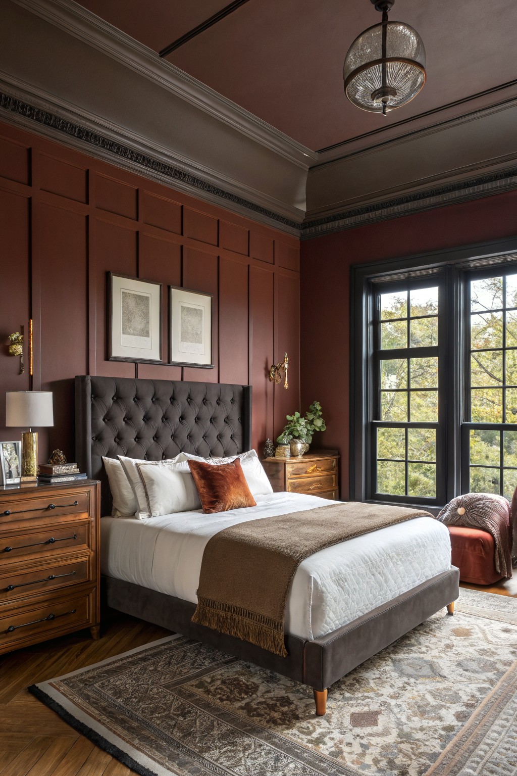 A bedroom with deep terracotta painted walls and dark wood furniture.