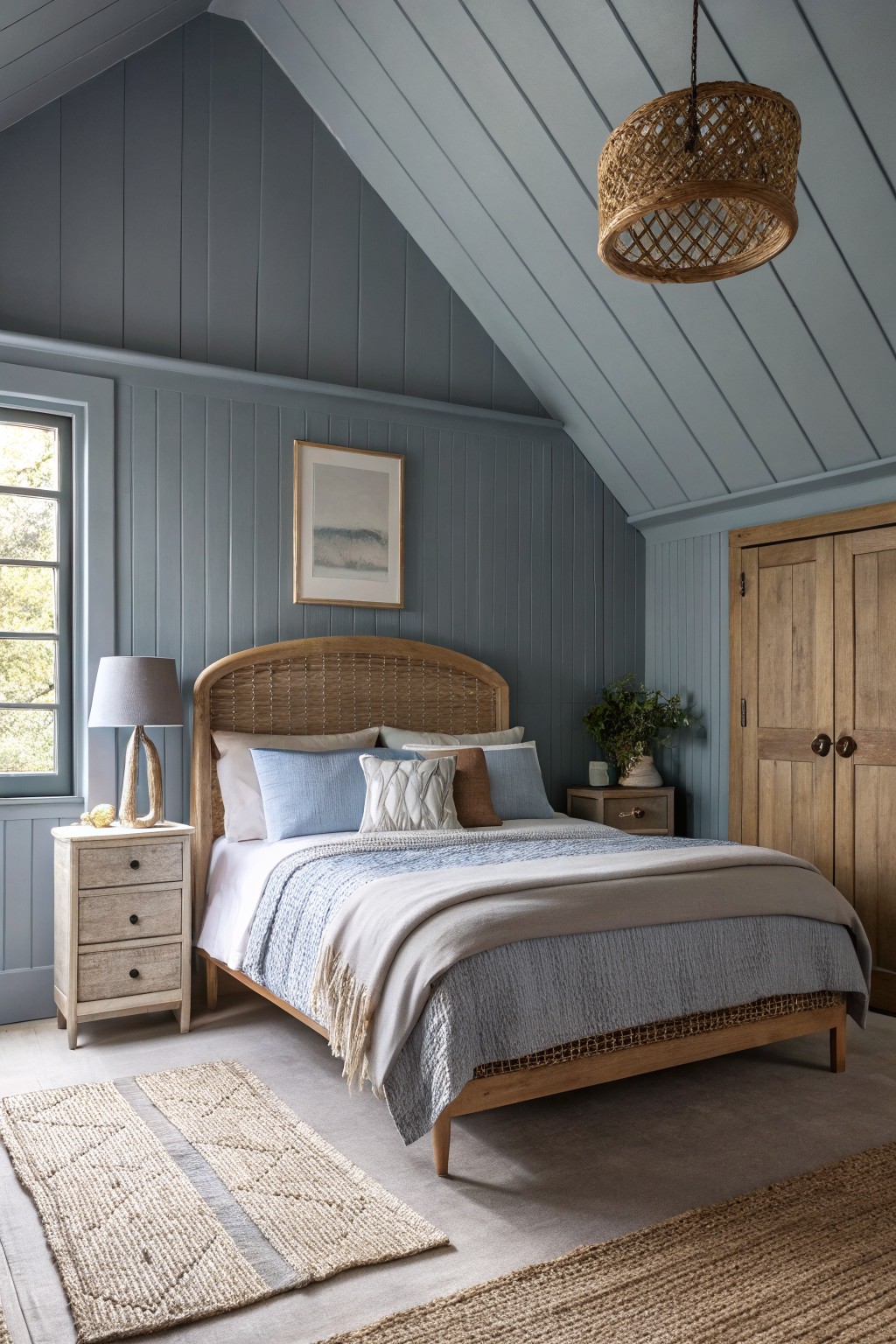 A bedroom with soft blue-gray walls and a wooden bed frame.