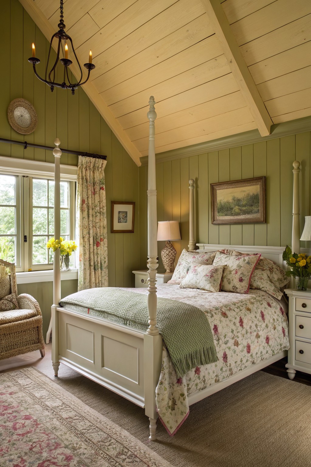 Bedroom with soft sage green walls and white trim.