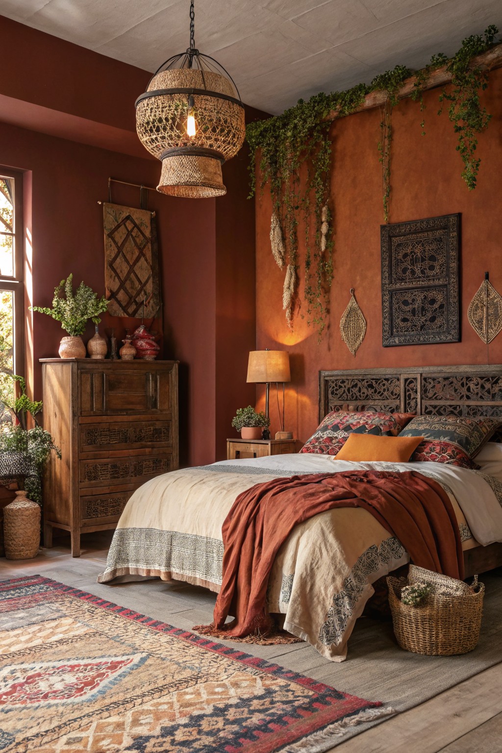 Terracotta painted walls in a bedroom with wooden furniture.