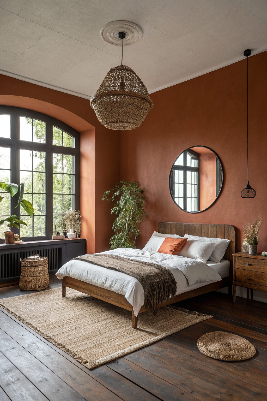 Warm terracotta walls in a bedroom with wood furniture and large windows.