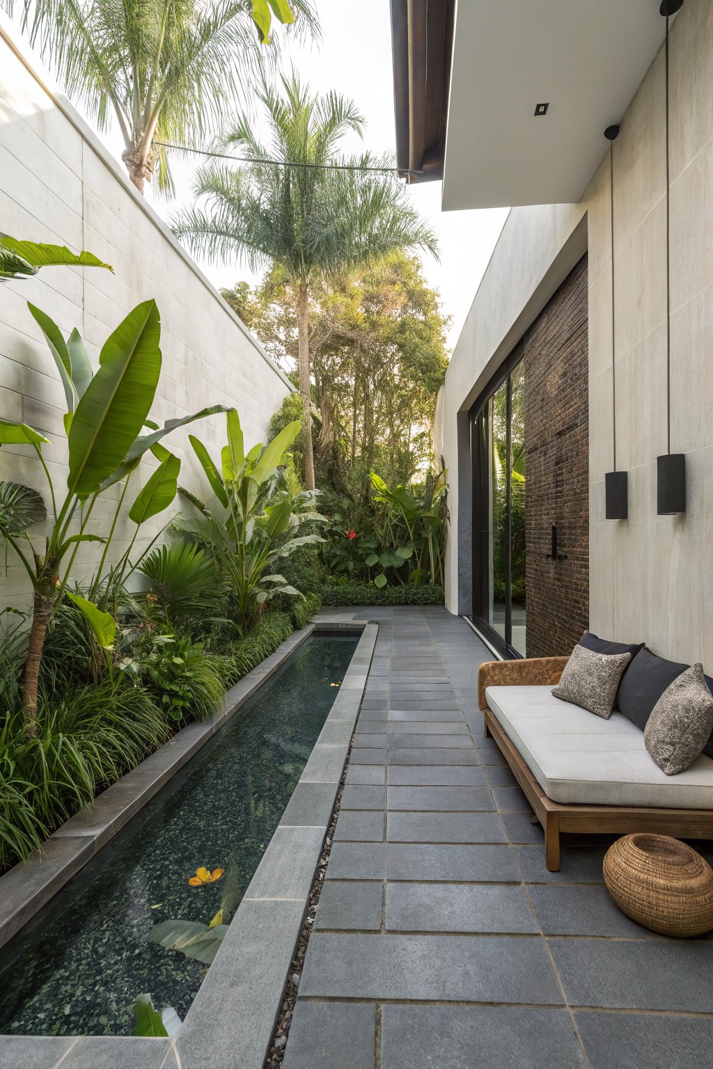 A narrow outdoor courtyard with a long rectangular water feature running parallel to a paved stone path, bordered by dense tropical plants on the left and a wooden daybed on the right.