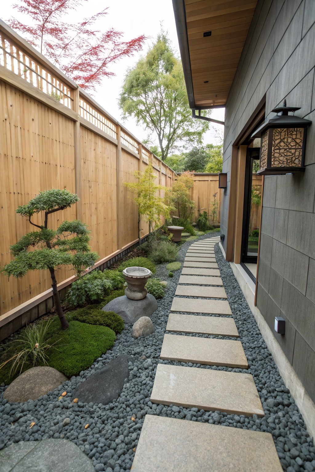 A narrow backyard features a straight path of rectangular stone pavers set in gray gravel, running alongside a tall wooden fence with trees and shrubs on the left and a house wall on the right.