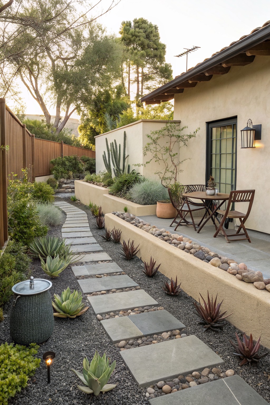 Winding stone path through succulent garden beside patio with wooden chairs