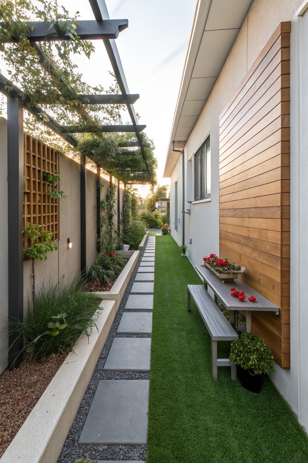 A narrow backyard with a straight concrete paver path running alongside a strip of artificial turf, bordered by raised planters on the left and a wooden bench with a planter on the right under a pergola.