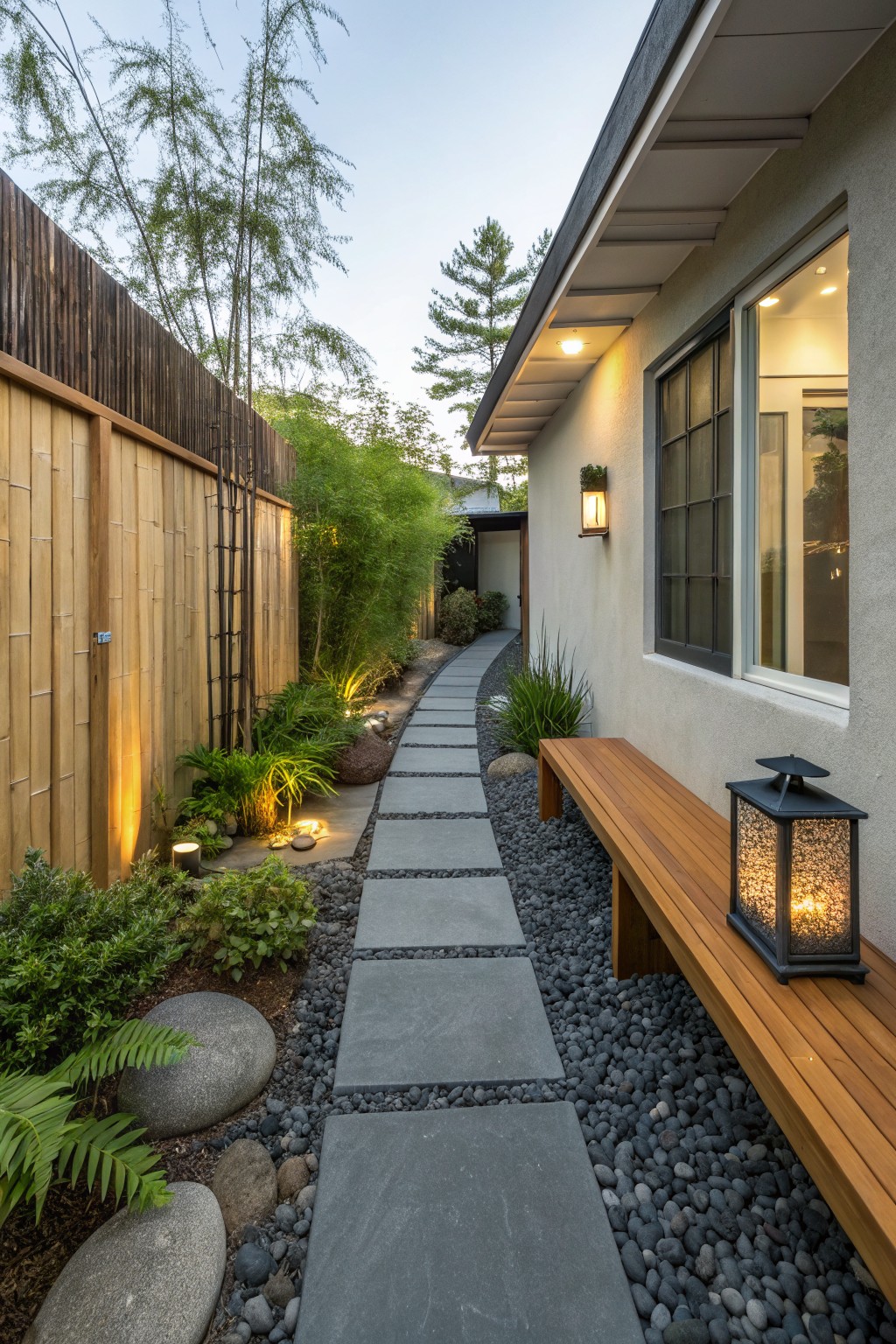 Narrow stone path with gray slabs, gravel, plants, bench, and lit lantern at dusk.