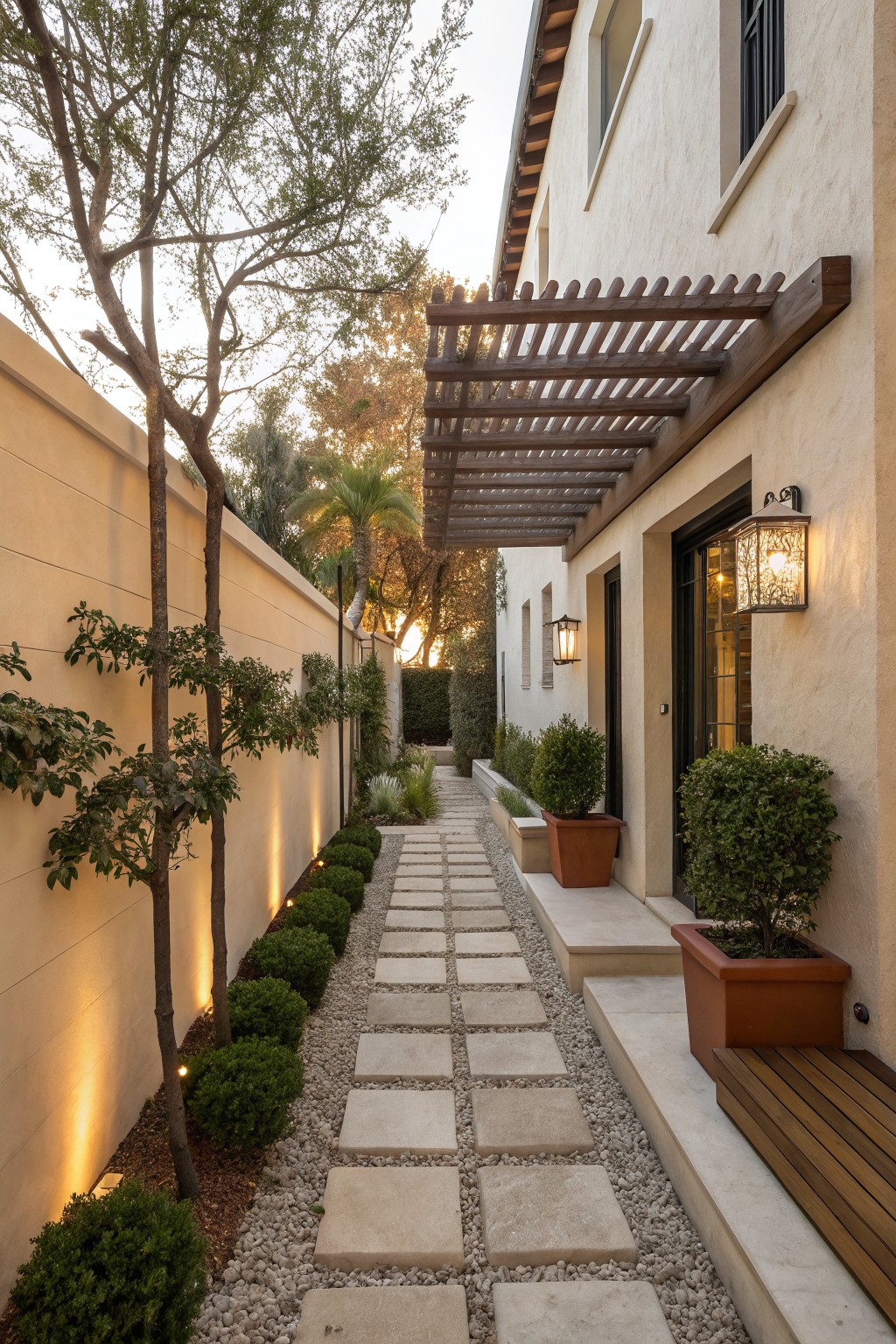 Narrow stone path with pavers, plants, pergola, and glowing lanterns beside beige house at dusk