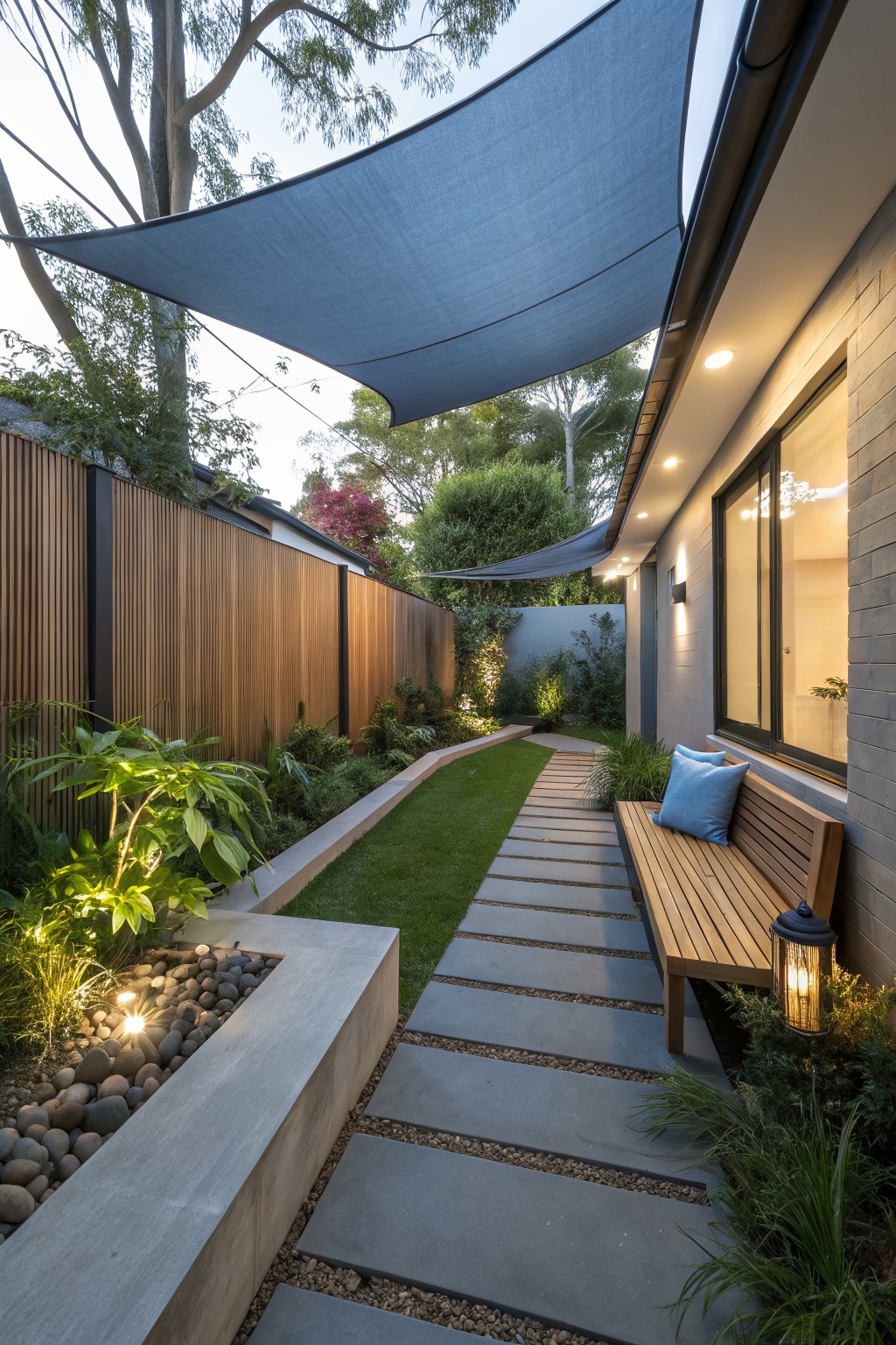 A narrow backyard with a long gray paver path bordered by gravel, a wooden bench with blue cushions, overhead blue shade sails, and garden beds along a wooden fence and house wall.