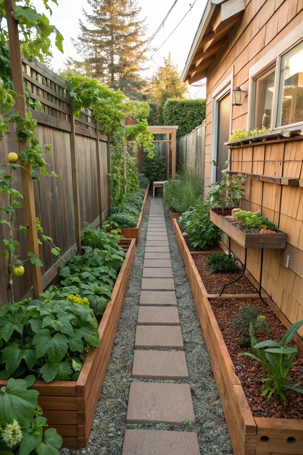 A narrow backyard with a central stone path lined by wooden raised garden beds filled with vegetables and plants, next to a wooden house wall.