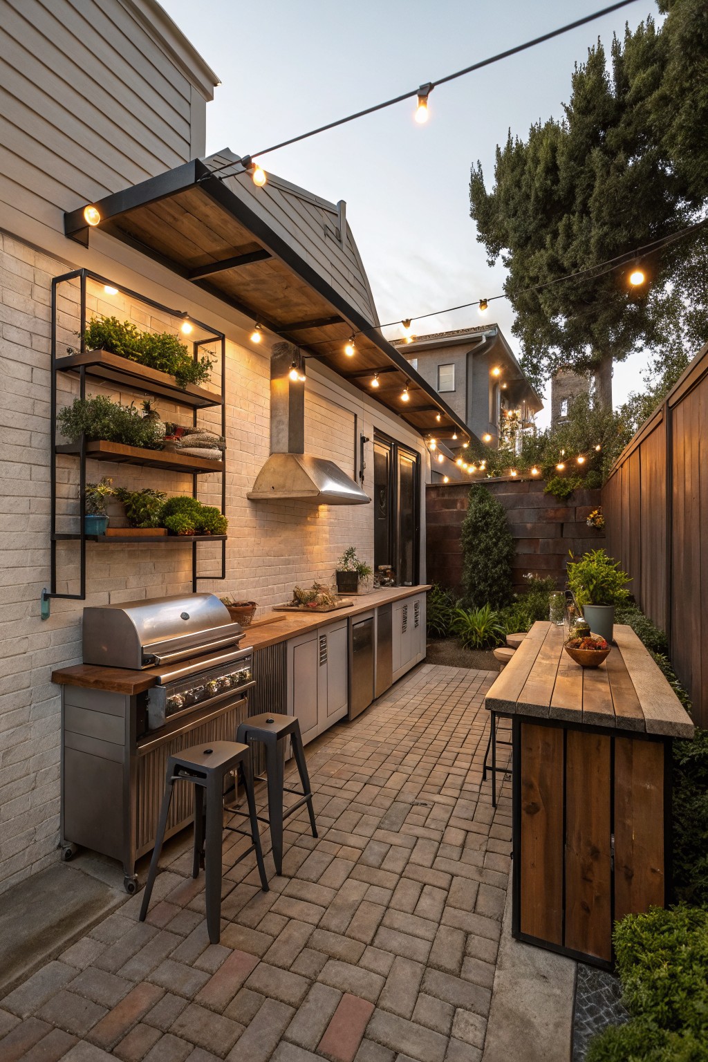 A narrow backyard patio with an outdoor kitchen running along a brick wall, a central paved walkway, and a wooden dining table with stools on the right side.