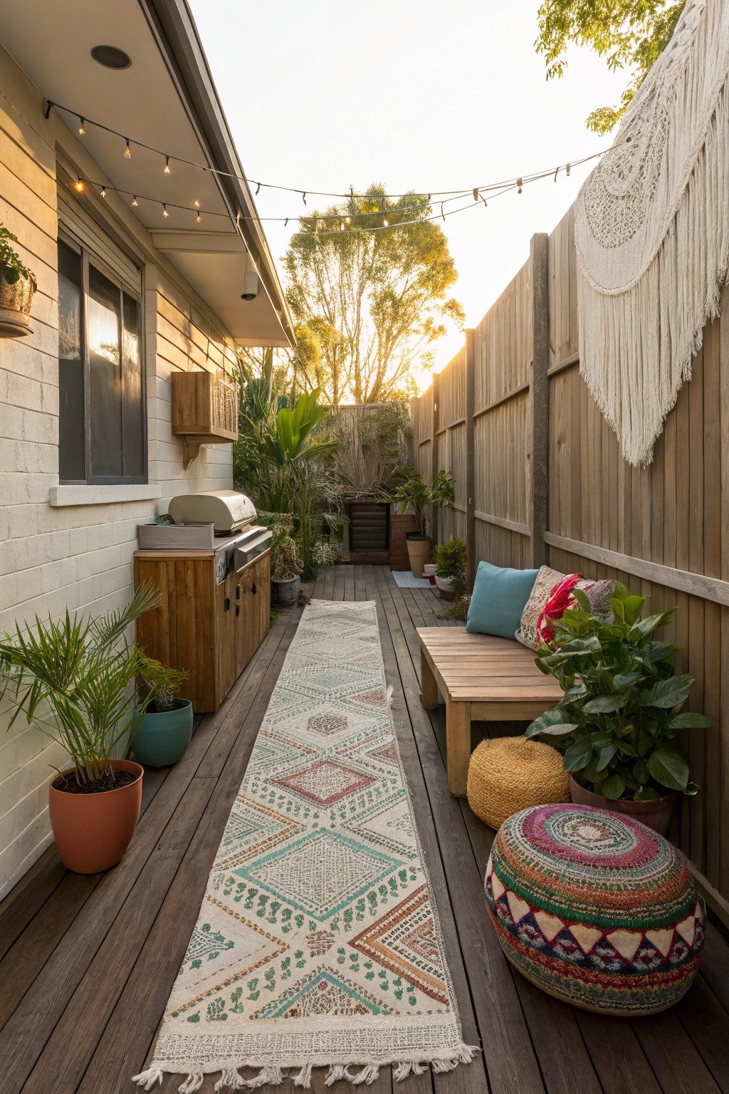 A narrow wooden deck with a long patterned runner rug leading to a wooden bench with cushions and potted plants along a fence.