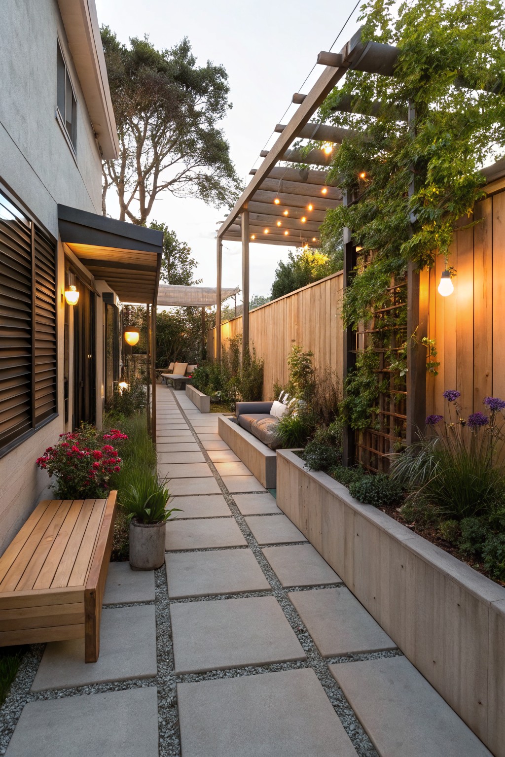Modern backyard path with stone pavers, pergola lights, benches, and lush greenery.