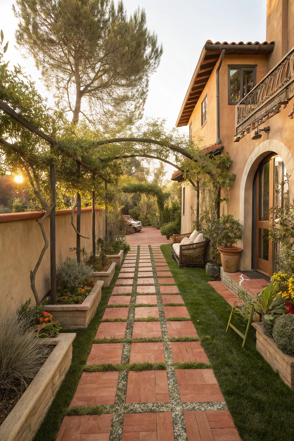 A long brick pathway with grass joints runs beside a stucco house, bordered by raised planters and trees in a narrow backyard.