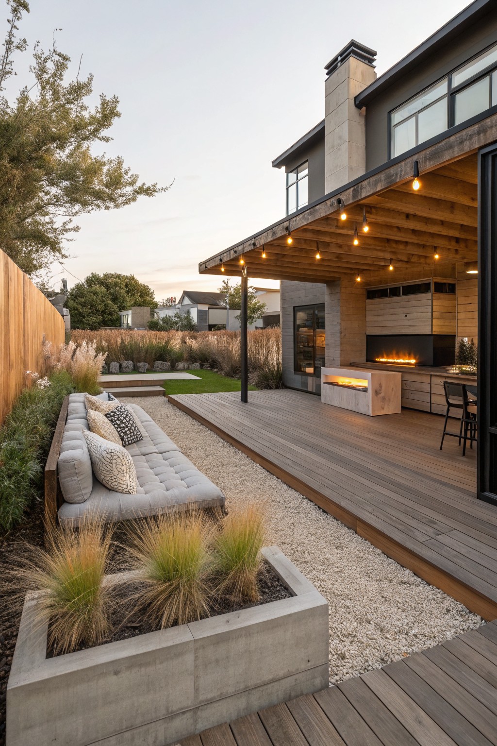 A modern backyard with a long wooden deck, built-in fireplaces, and string lights, next to a cushioned outdoor sofa on gravel beside a concrete planter with grasses.