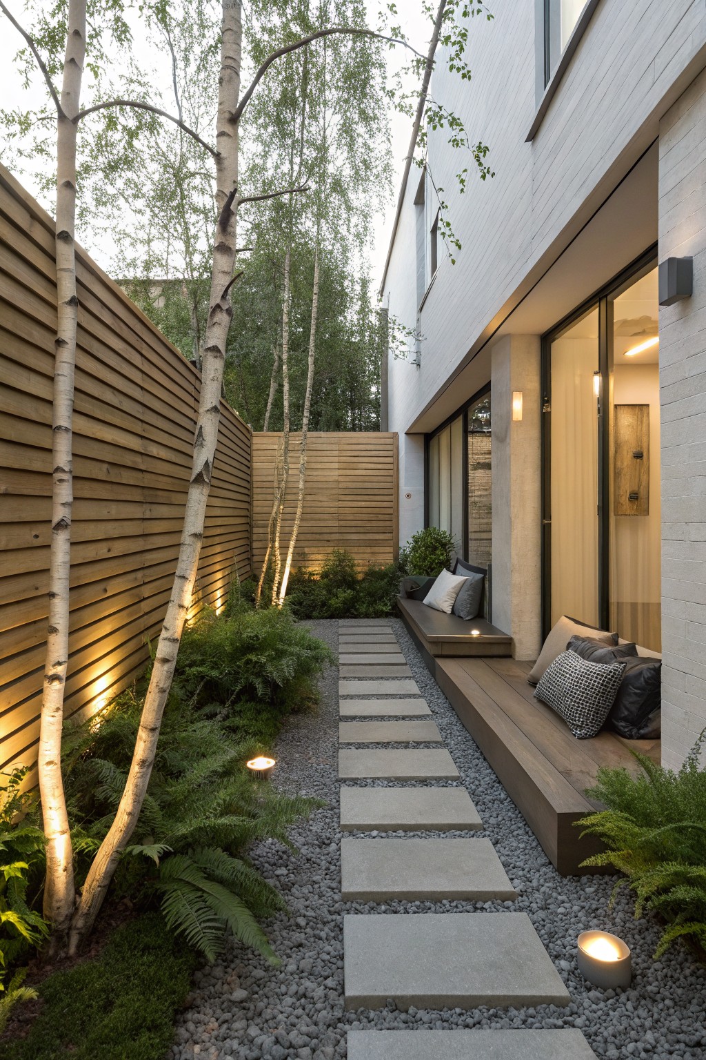 A narrow outdoor space with rectangular concrete stepping stones set in gray gravel, running beside a wooden deck with cushions and tall trees with ferns on the left.