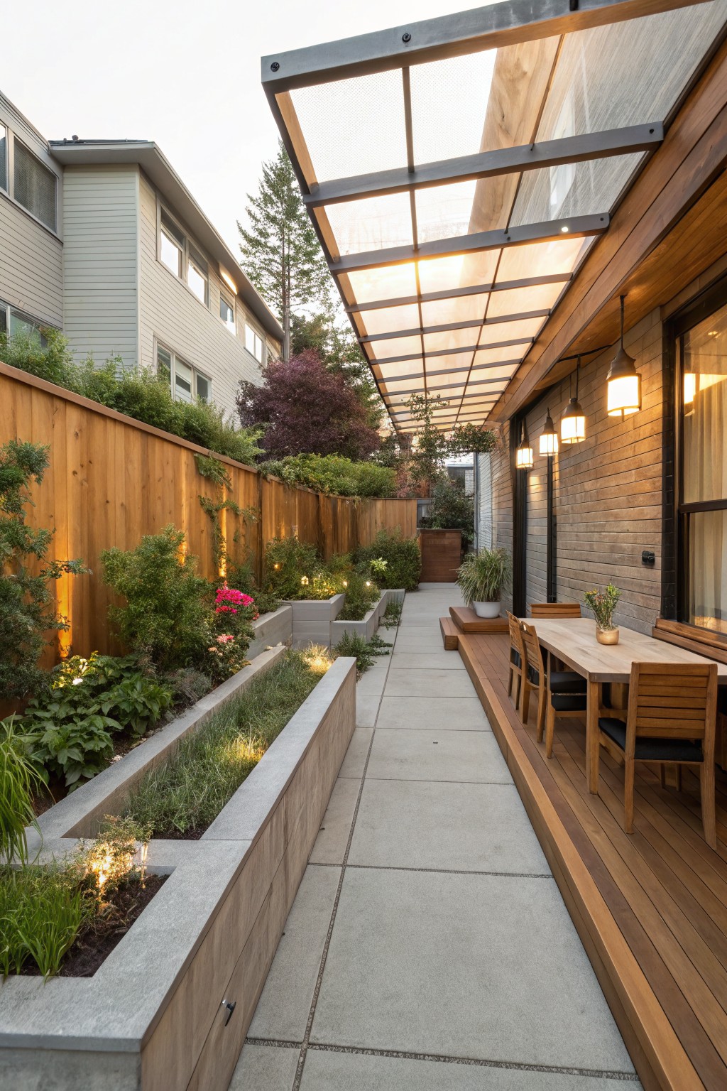 Modern courtyard walkway with wooden dining table, pergola, and lush planters