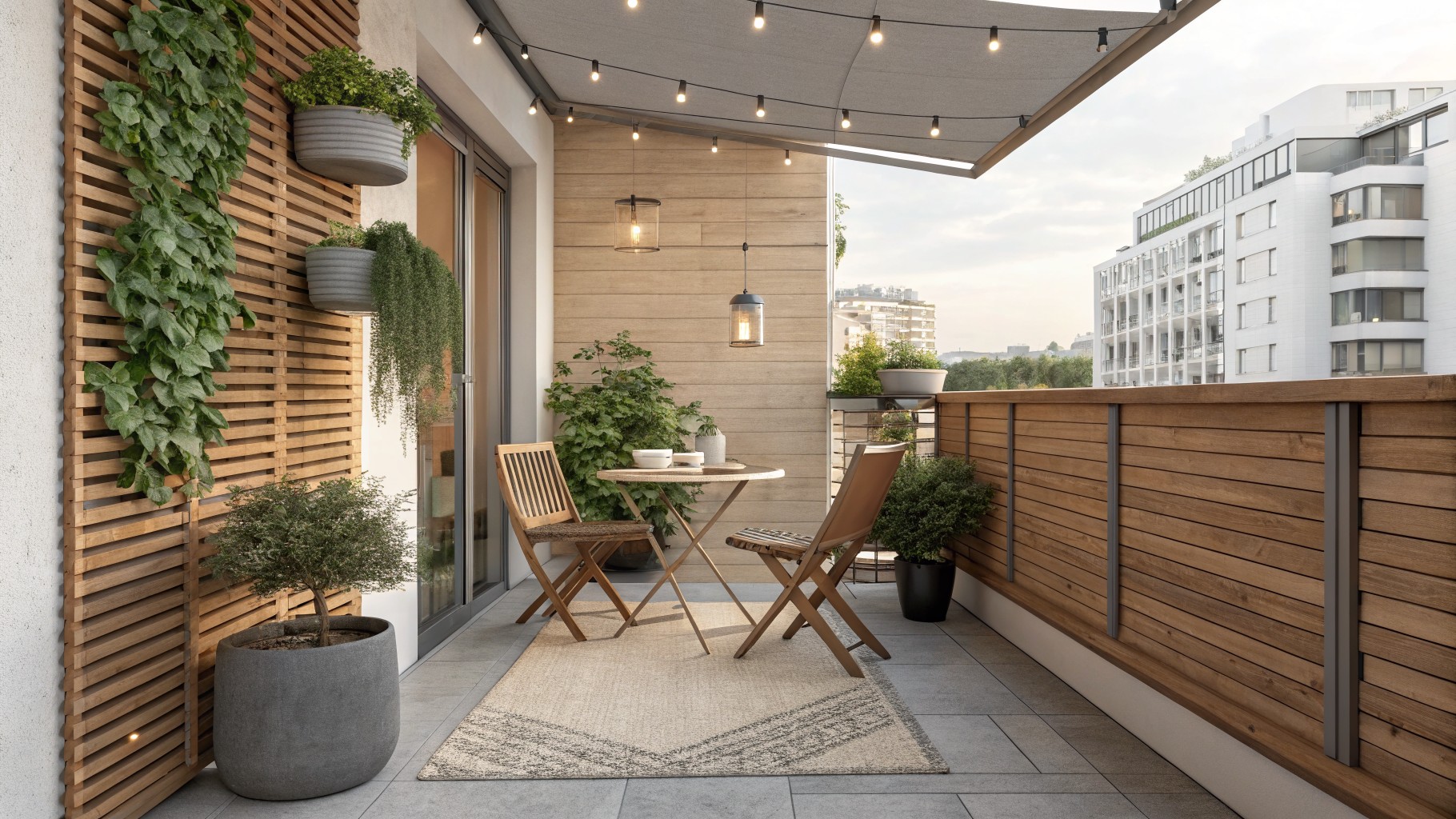Balcony with vertical wood slat privacy panel on the right wall, mounted planters with trailing plants, and a small seating area with a round table and two chairs.