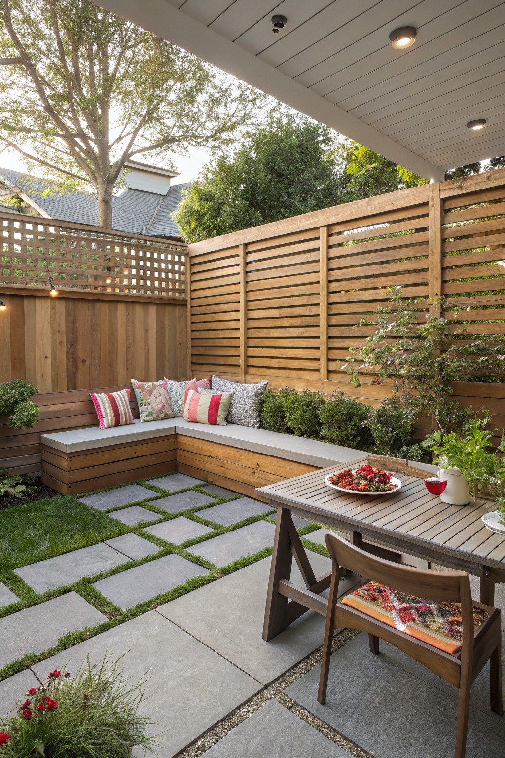 Outdoor patio with wooden bench seating and a dining table, enclosed by horizontal wood slat fencing and lattice panels.