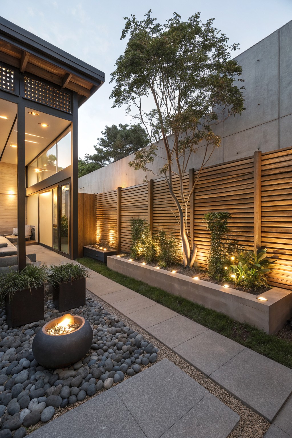 Backyard view showing horizontal wood slat panels mounted on a concrete wall with raised concrete planters containing plants and lights, a gravel path, fire pit, and modern house exterior.