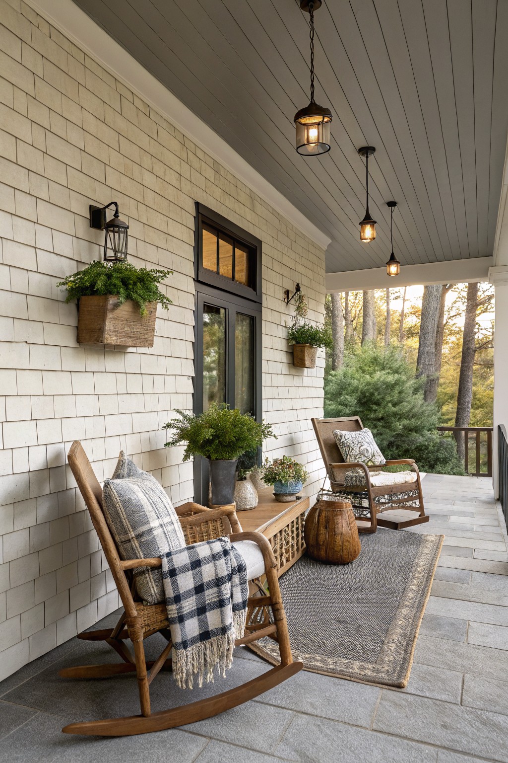 A covered porch with white shingle siding, a black door, two wooden rocking chairs with pillows and a blanket, several potted plants, and wall-mounted wooden planters.