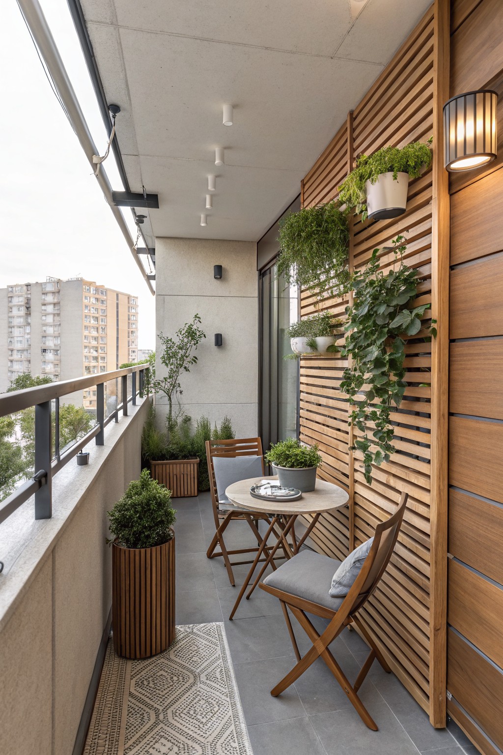 Balcony with vertical wood slat privacy panel on the right wall, mounted planters with trailing plants, and a small seating area with a round table and two chairs.