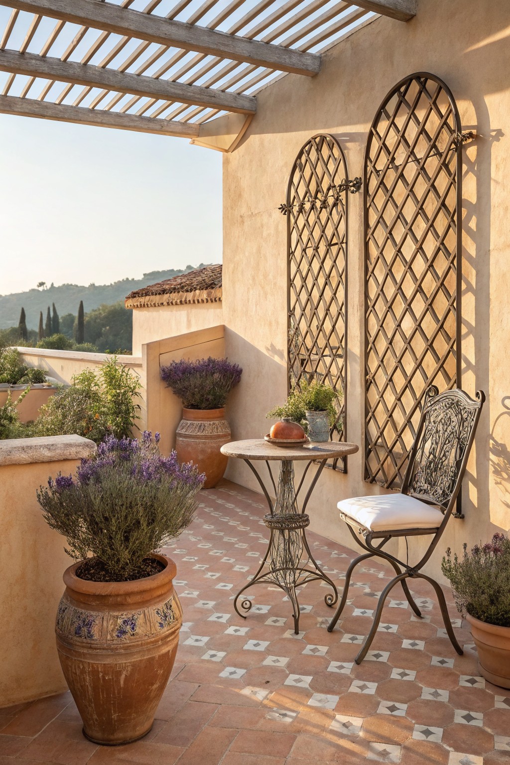 An outdoor patio corner with terracotta tile flooring, a metal chair and small table, large potted plants, and two tall lattice panels mounted on a stucco wall beneath a wooden pergola.