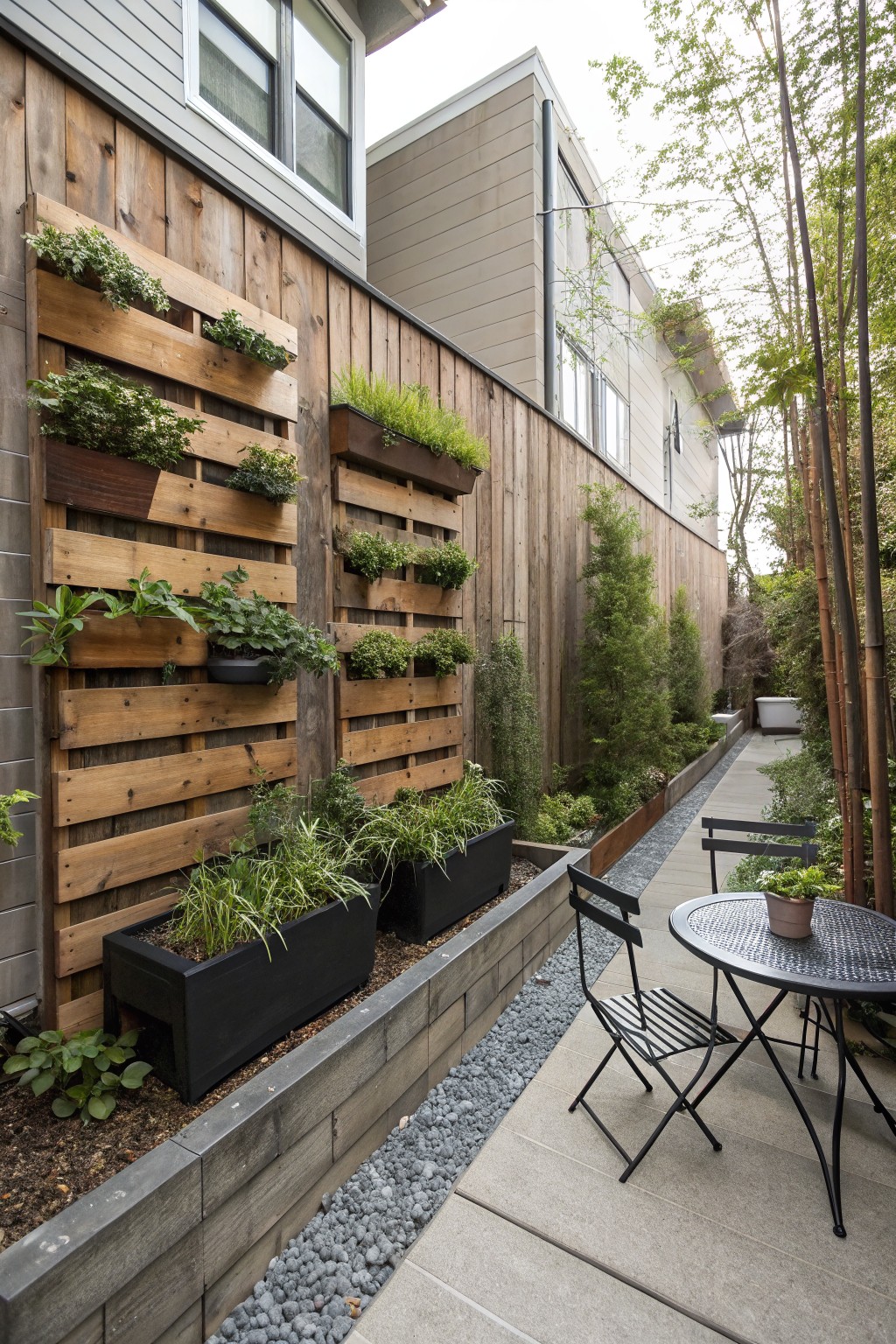 A narrow concrete patio bordered by vertical wood slat panels with attached planters filled with greenery and black rectangular planter boxes along a gravel edge.