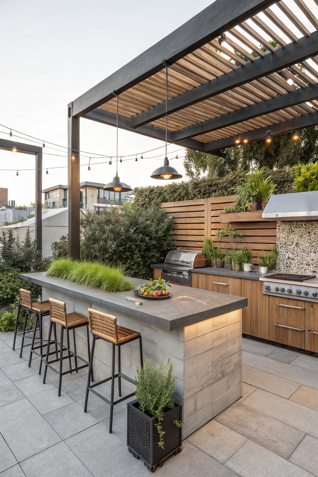 Rooftop outdoor kitchen and bar with wood slat privacy screen, overhead pergola, concrete counter, and bar stools.