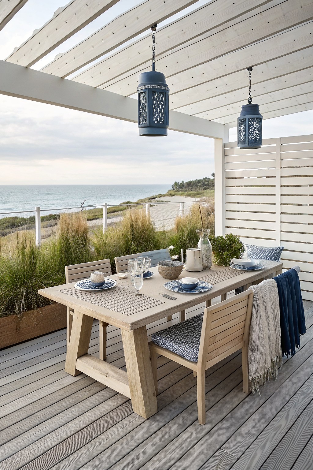 A wooden outdoor dining table on a gray deck with white vertical slat privacy panels, hanging blue lanterns, and an ocean view beyond.