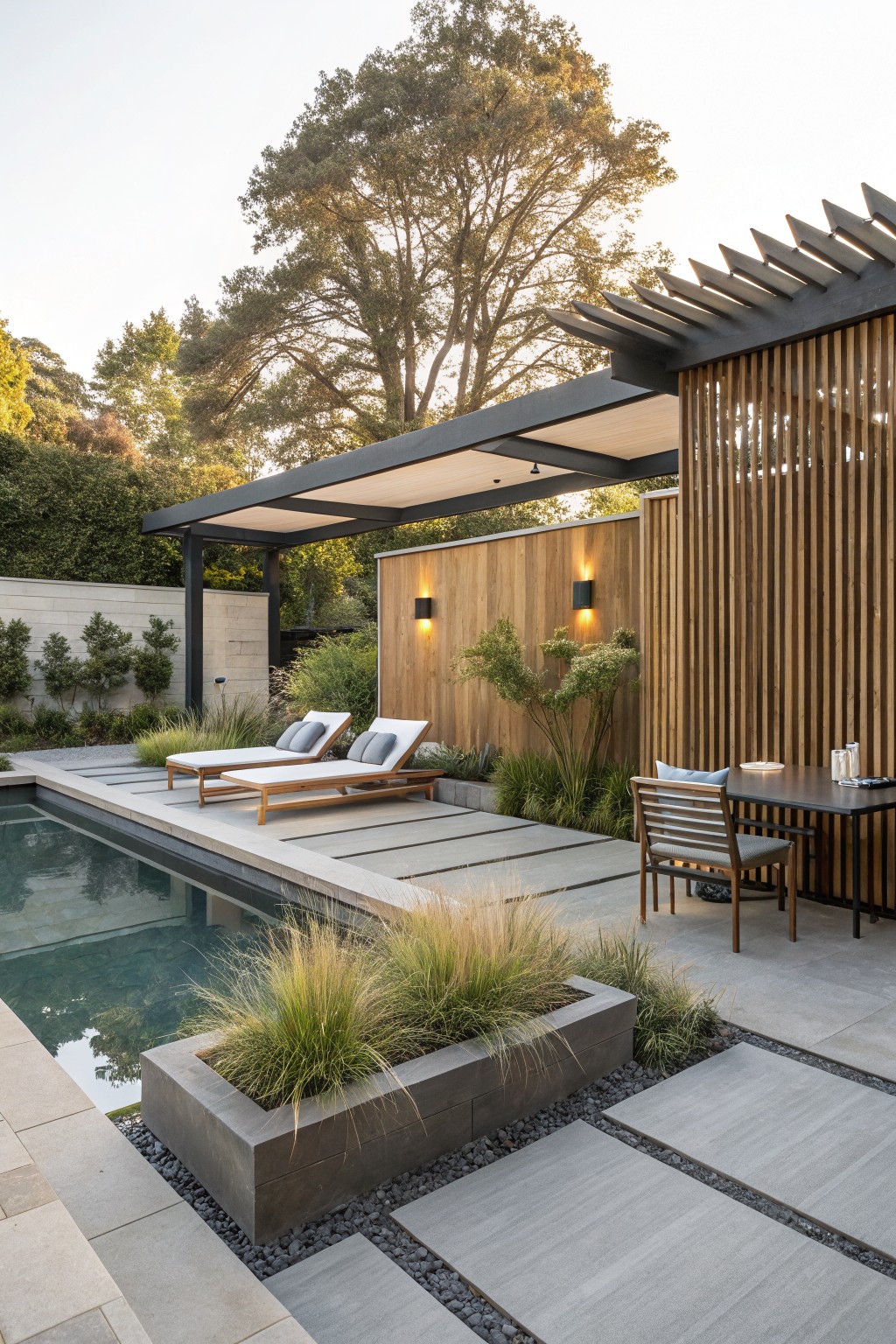Modern outdoor patio with a pool, lounge chairs under a pergola, dining table, and a tall vertical wood slat privacy screen on the right side.