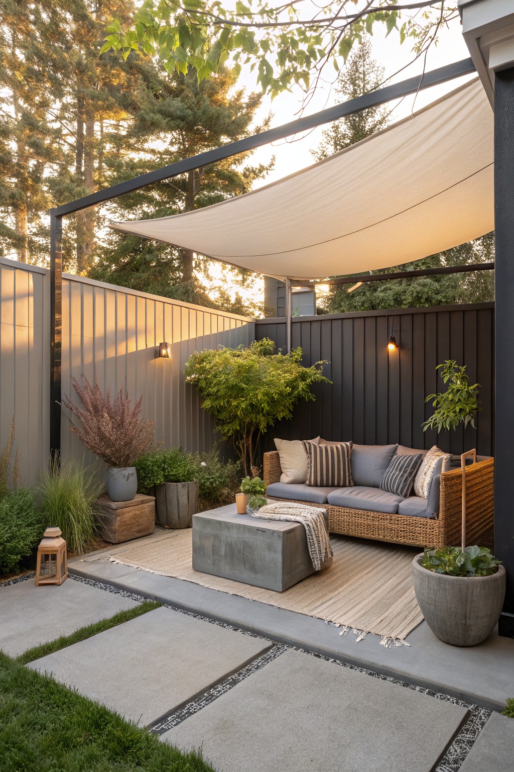 A backyard patio with a white fabric shade sail overhead, dark fencing, wicker sofa, concrete table on a rug, and potted plants.