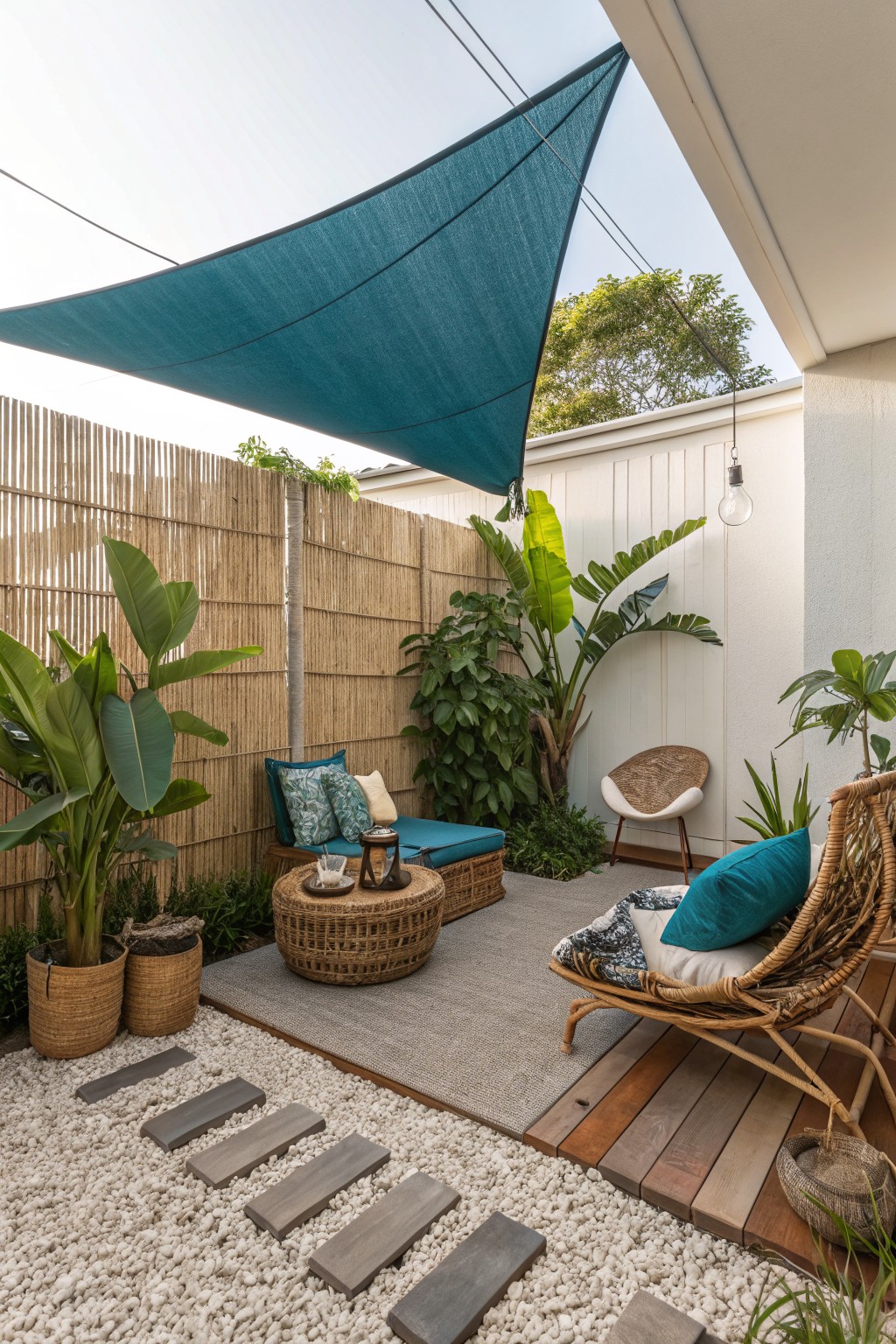 A small backyard patio features a large teal fabric shade sail stretched overhead, a bamboo screen fence, wicker seating, and various tropical plants arranged on gravel and wood decking.