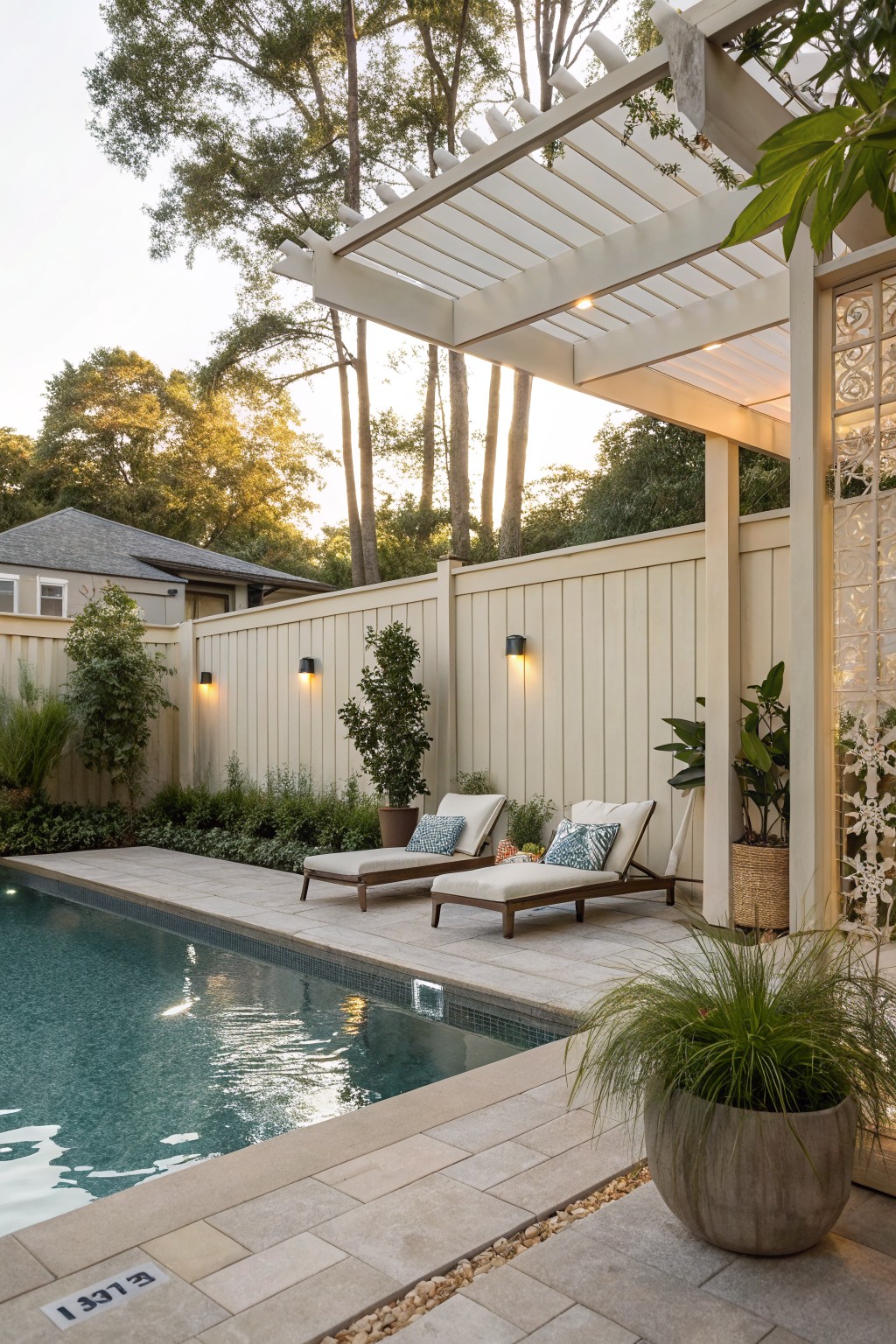 A backyard pool area features two lounge chairs on a paved patio beneath a white pergola, enclosed by a tall beige fence with wall lights and potted plants.
