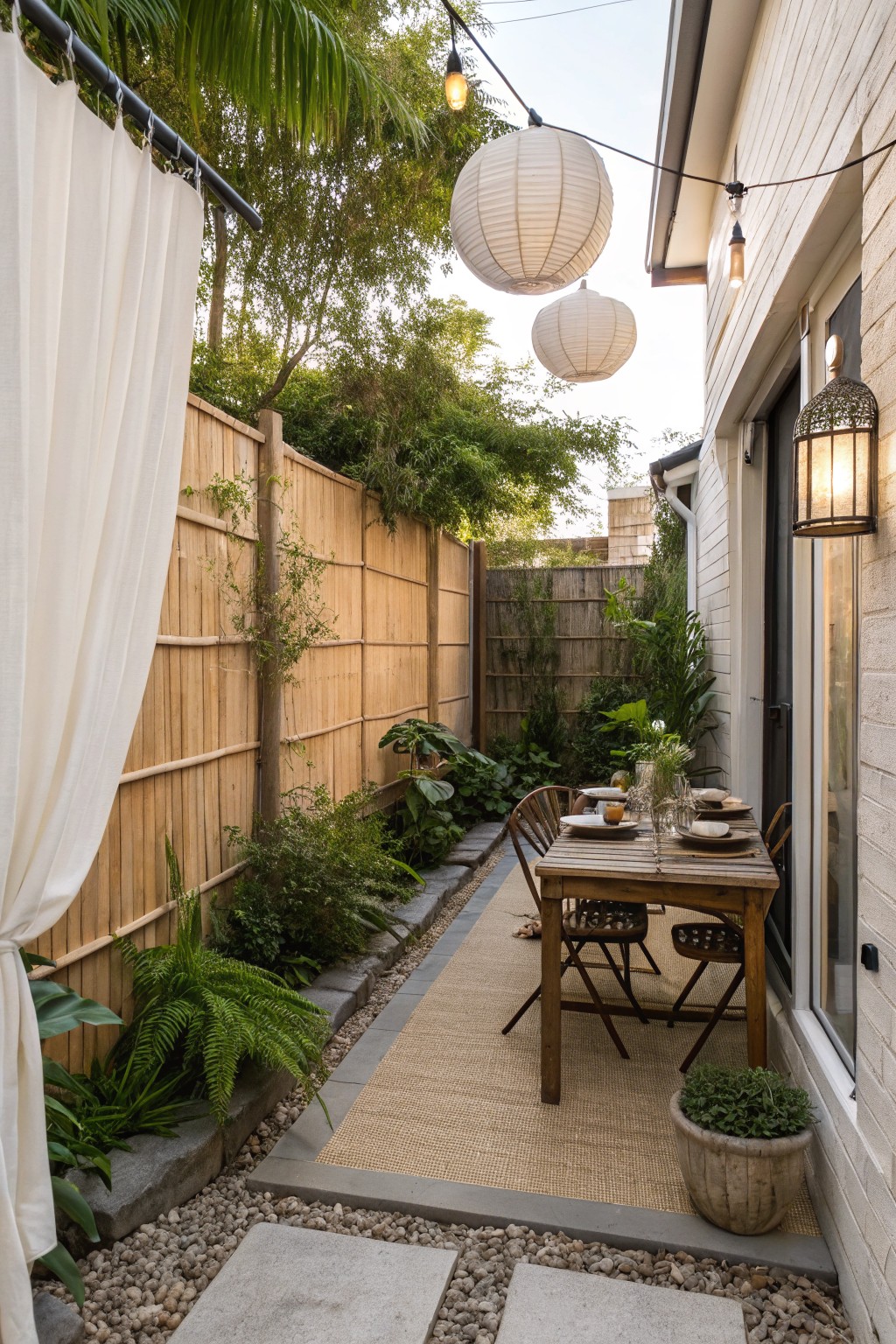 A narrow outdoor patio with a wooden dining table, bamboo fencing on the left lined with plants, and a white fabric curtain hanging from a rod.