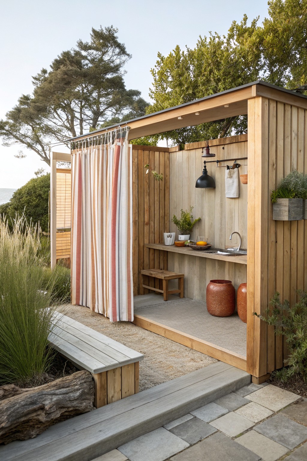 An outdoor wooden structure with a striped fabric curtain, a sink counter, and terracotta pots on a gravel and stone patio.