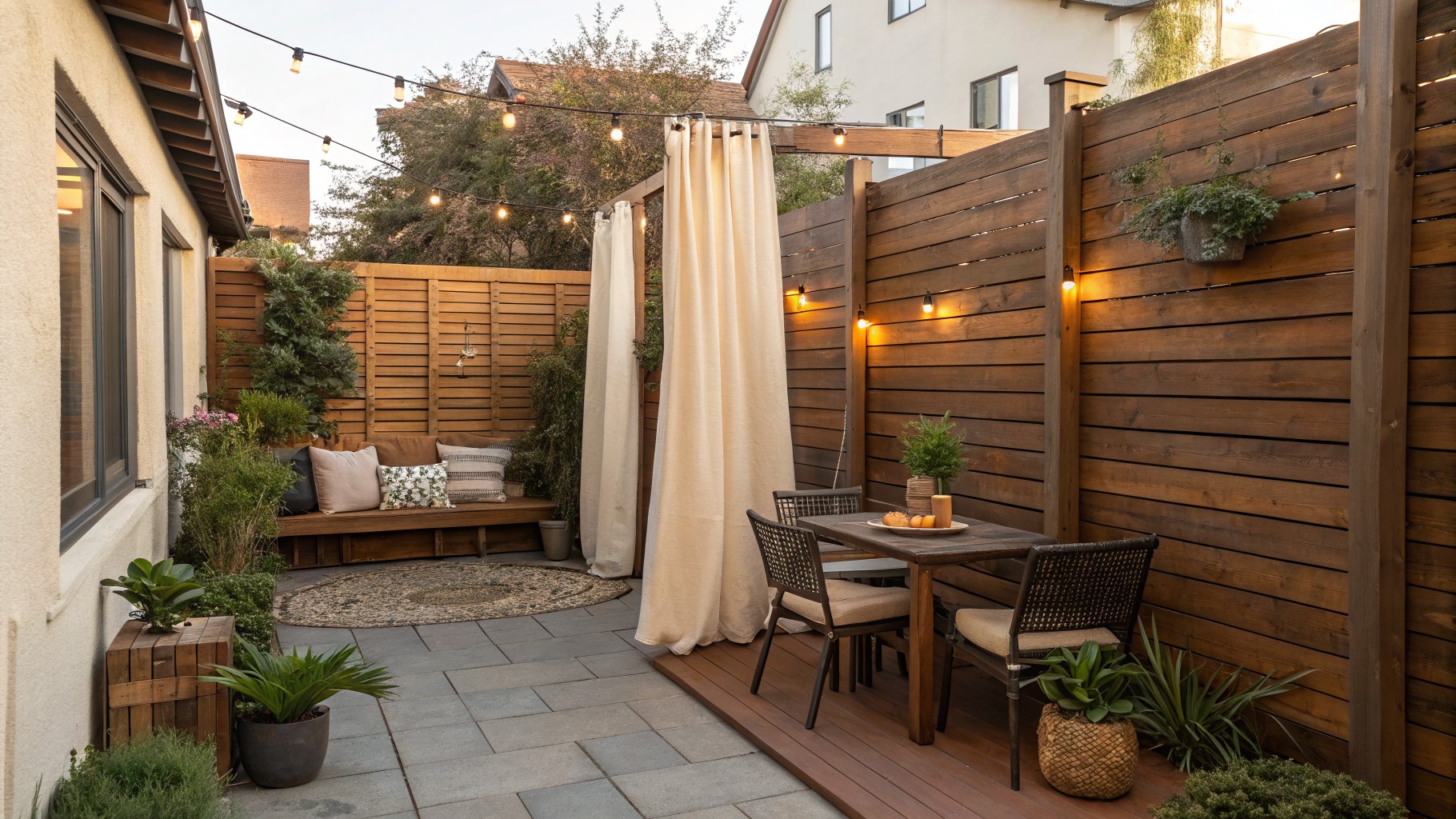 A backyard patio with a wooden pergola, beige fabric curtains hanging on both sides, a built-in bench with pillows, a wooden dining table, string lights, and potted plants.