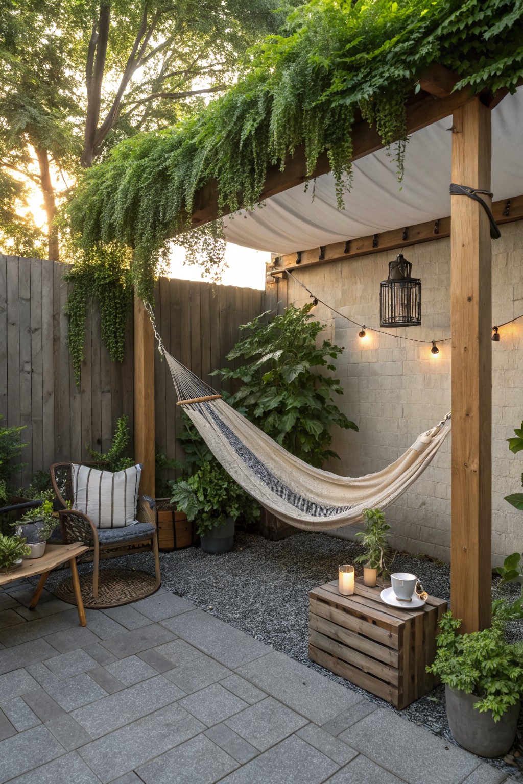 Backyard patio with wooden pergola, white fabric canopy, hanging vines, hammock, string lights, and potted plants on gravel and pavers.