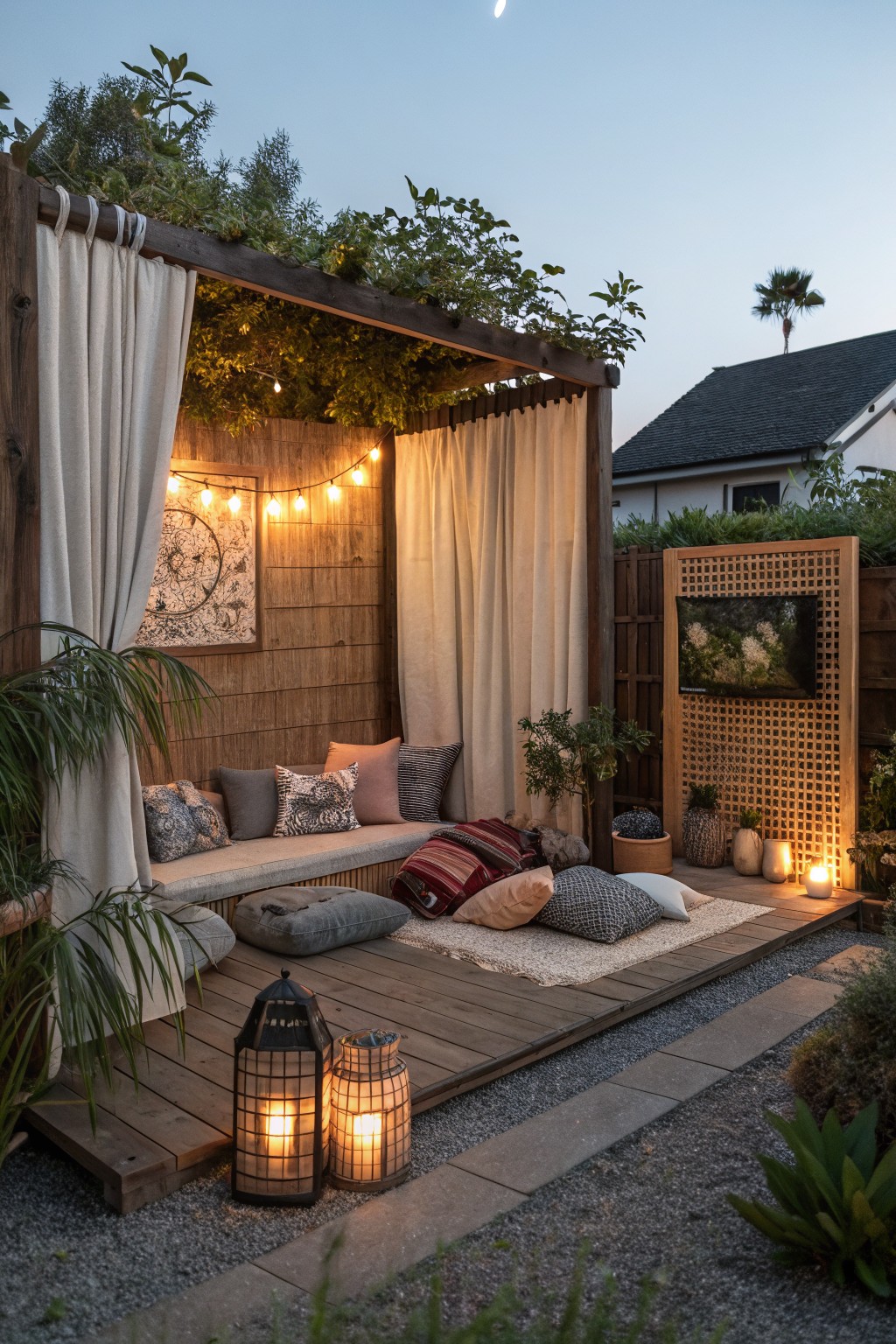 An outdoor wooden deck enclosed by a pergola with white fabric curtains, string lights, cushions, and potted plants at dusk.