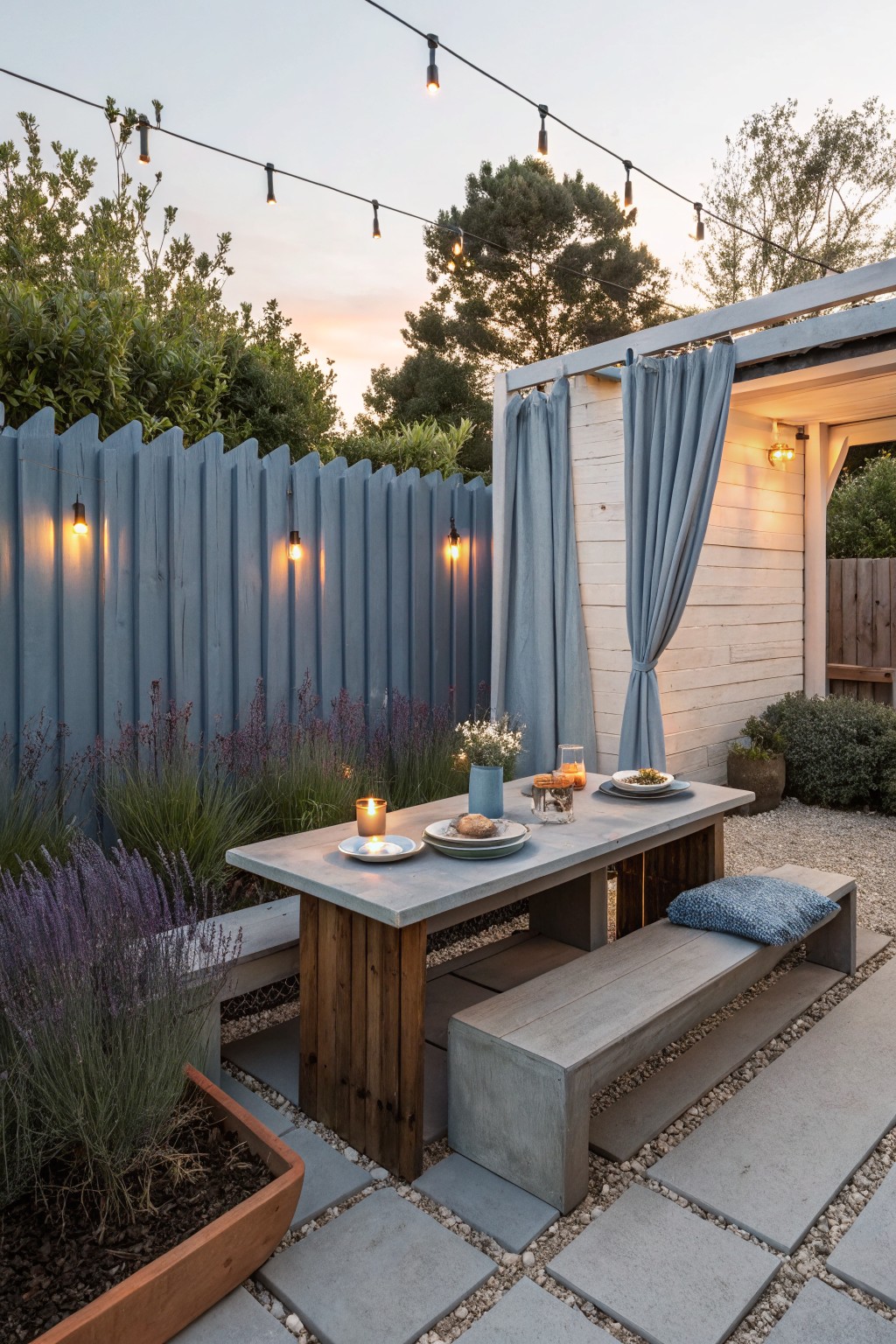 An outdoor concrete dining table with benches sits on pavers beside blue fabric curtains hung from a white structure, with string lights, a blue fence, and surrounding plants.