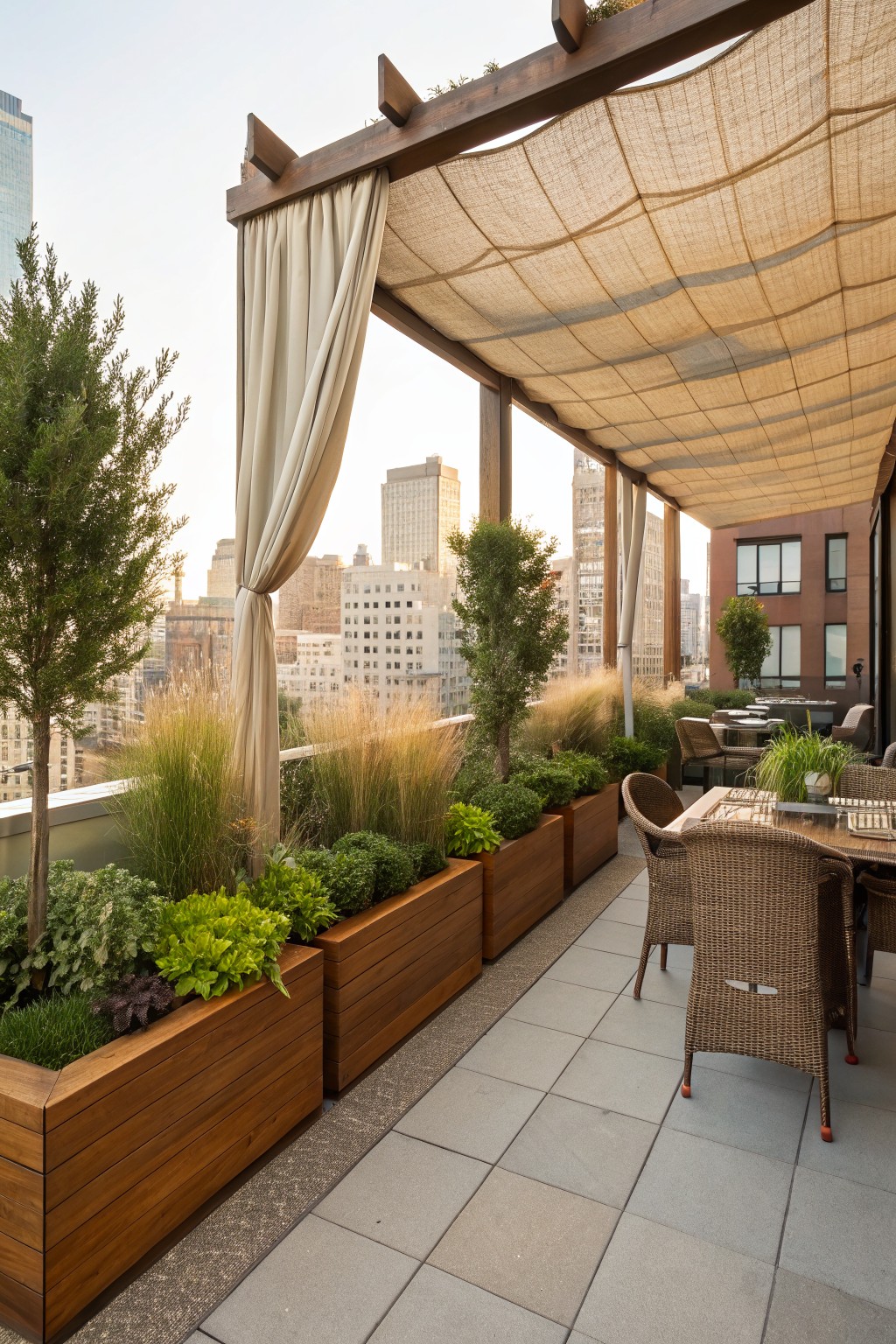 Rooftop patio with wooden planters, wicker seating, and beige fabric curtains and overhead shade overlooking city buildings.