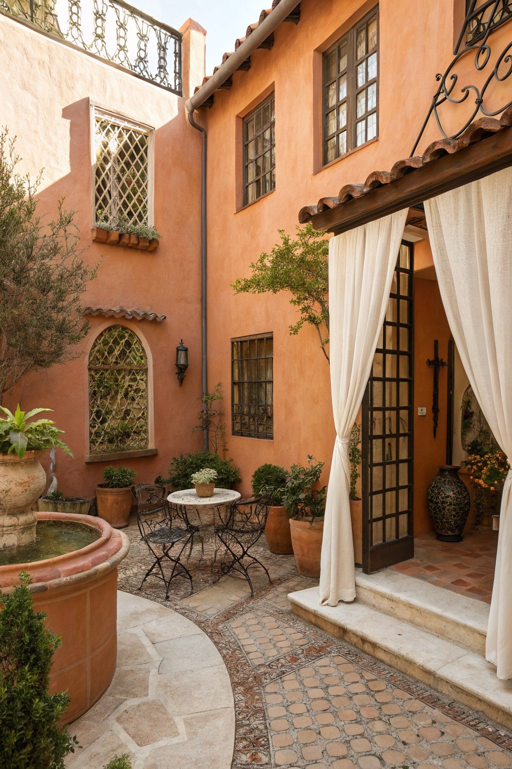 A courtyard with terracotta walls, potted plants, a small bistro table, and white curtains hanging beside an open doorway.