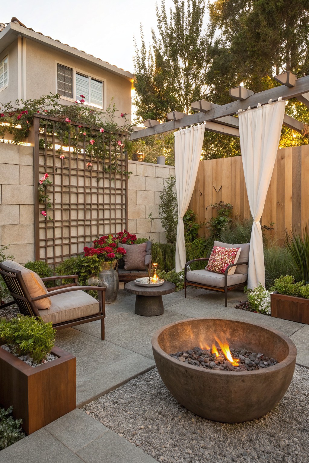 A backyard patio with a pergola, white fabric curtains, a round fire pit, and seating areas next to a wooden fence and trellis.